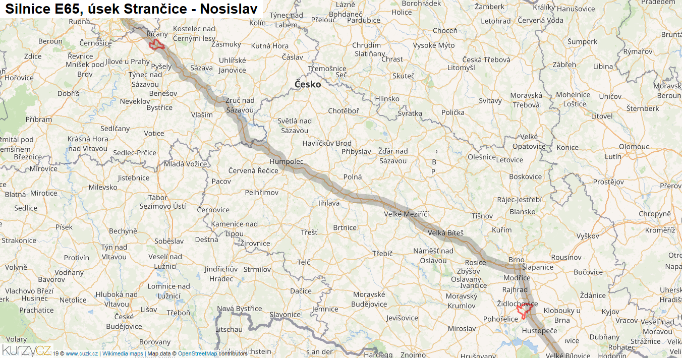 Úsek Strančice - Nosislav, Silnice E65 - Mapa