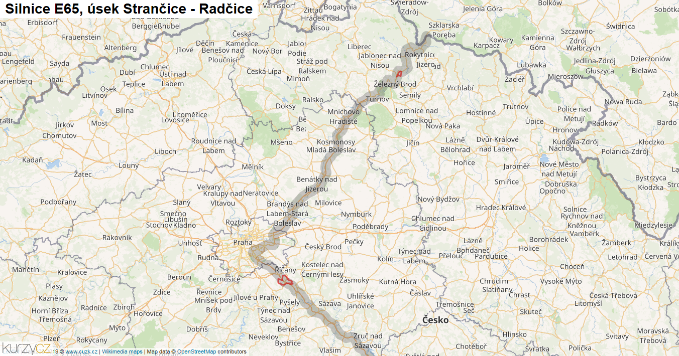 Úsek Strančice - Radčice, Silnice E65 - Mapa