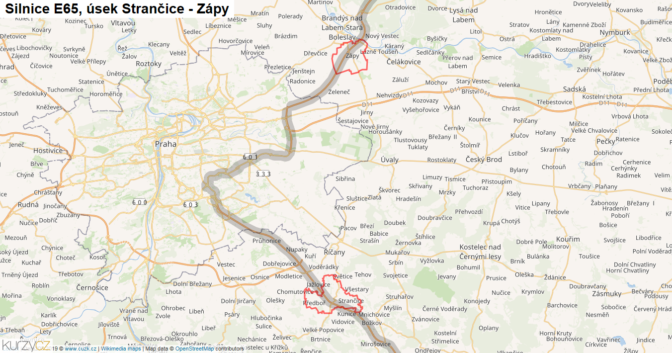 Úsek Strančice - Zápy, Silnice E65 - Mapa