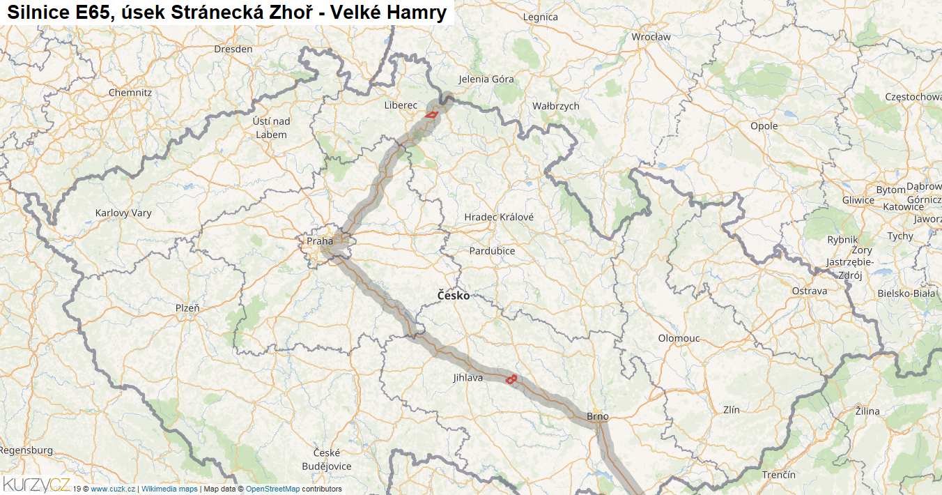 Úsek Stránecká Zhoř - Velké Hamry, Silnice E65 - Mapa