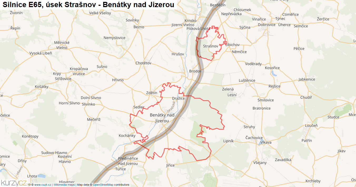 Úsek Strašnov - Benátky nad Jizerou, Silnice E65 - Mapa