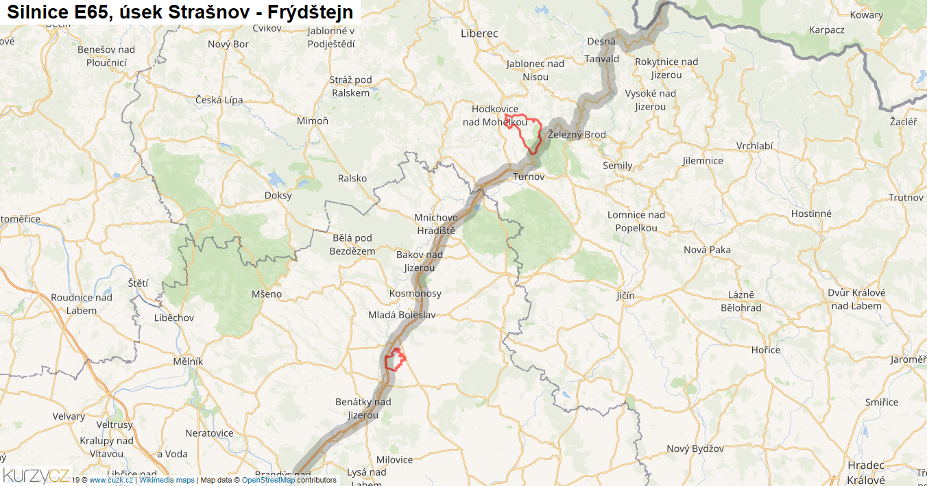 Úsek Strašnov - Frýdštejn, Silnice E65 - Mapa
