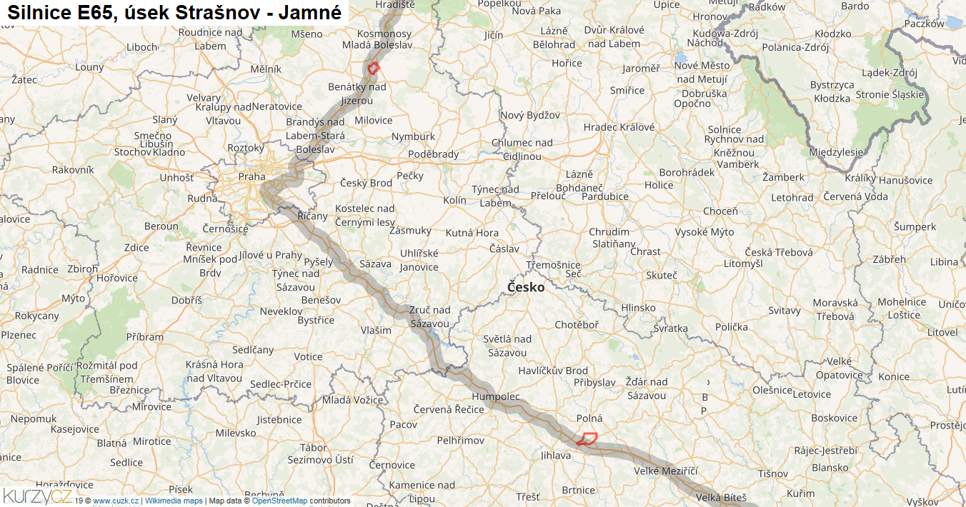 Úsek Strašnov - Jamné, Silnice E65 - Mapa