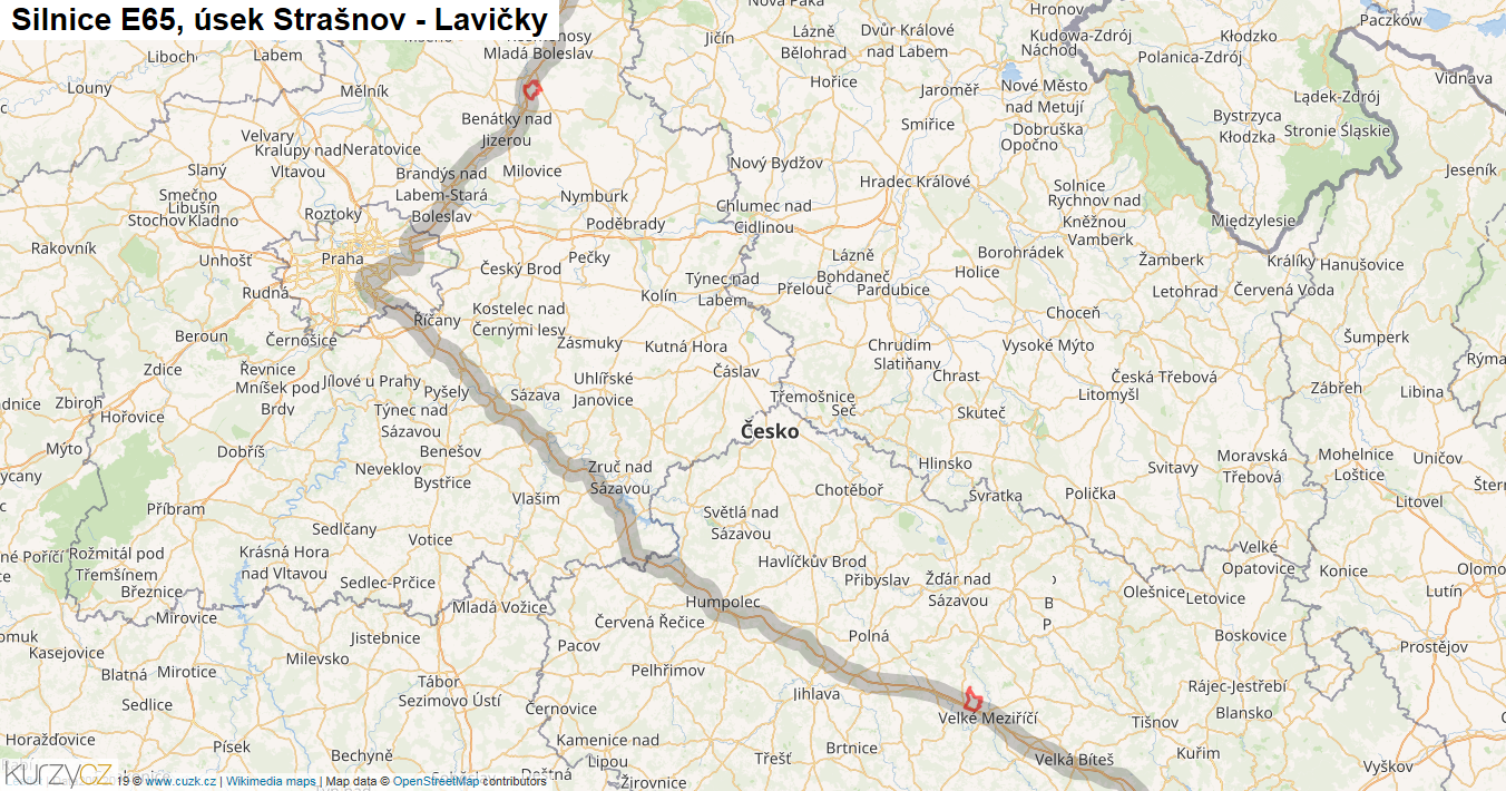 Úsek Strašnov - Lavičky, Silnice E65 - Mapa