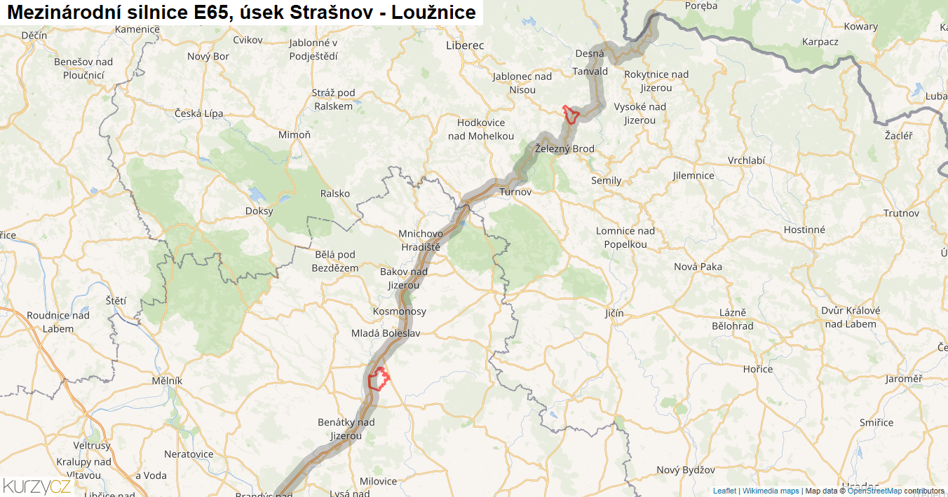 Úsek Strašnov - Loužnice, Silnice E65 - Mapa