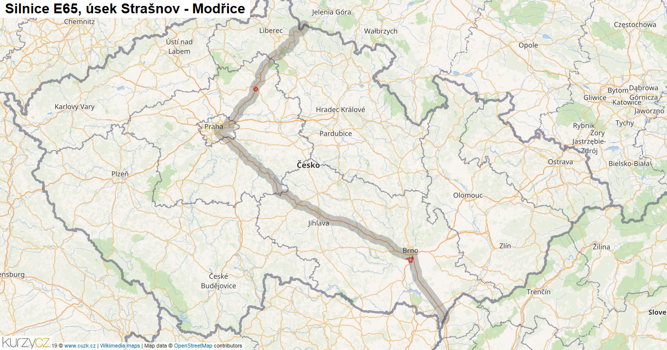 Úsek Strašnov - Modřice, Silnice E65 - Mapa