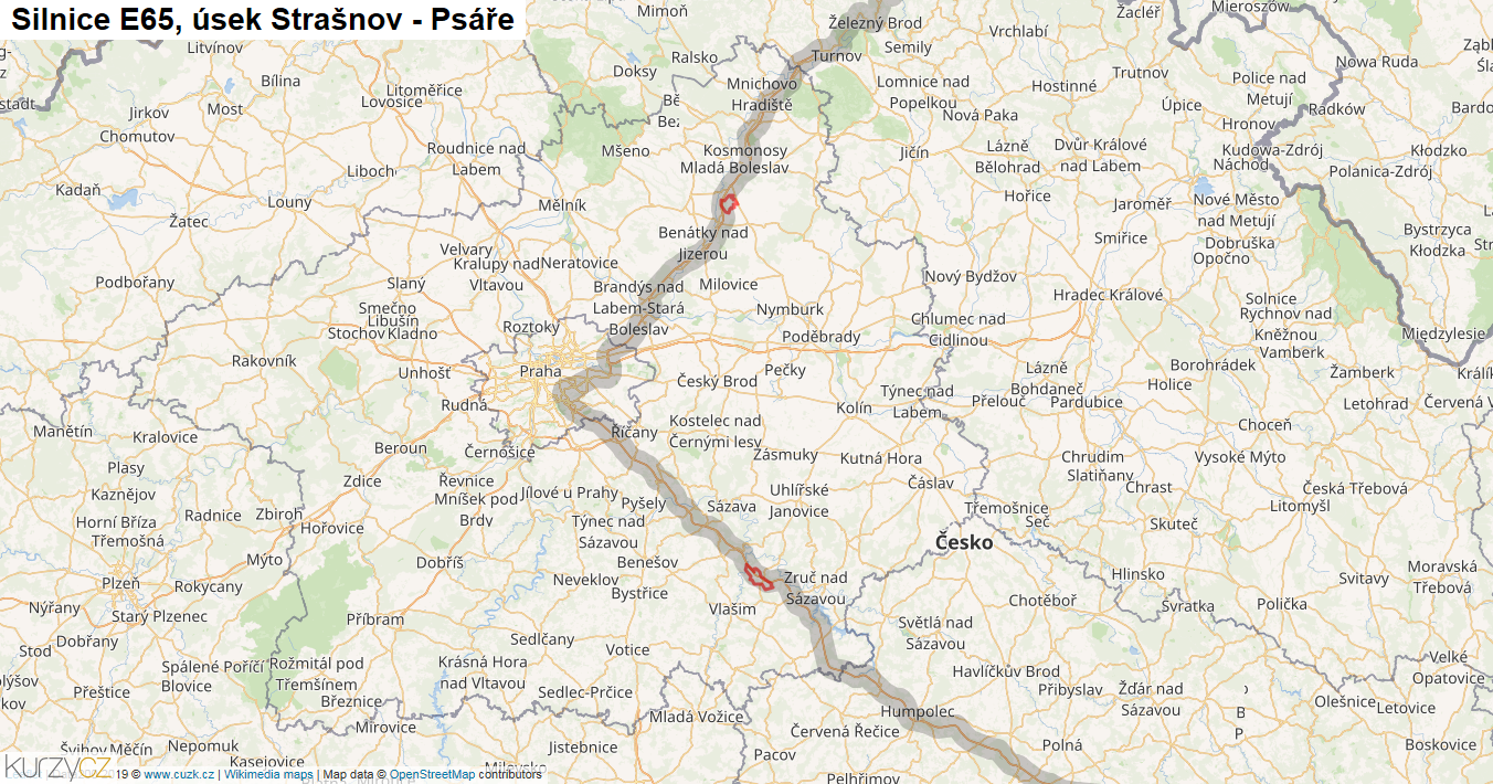 Úsek Strašnov - Psáře, Silnice E65 - Mapa