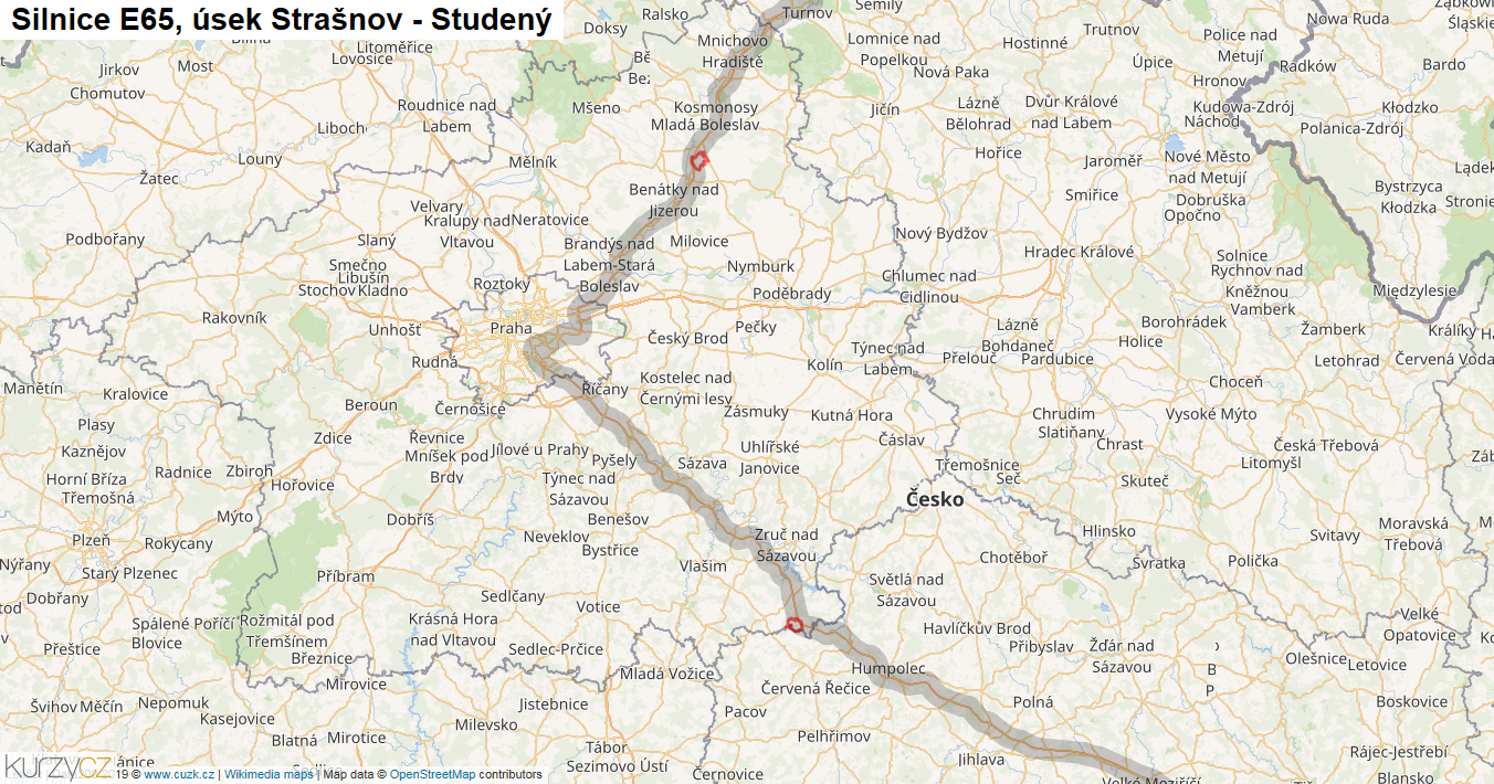 Úsek Strašnov - Studený, Silnice E65 - Mapa