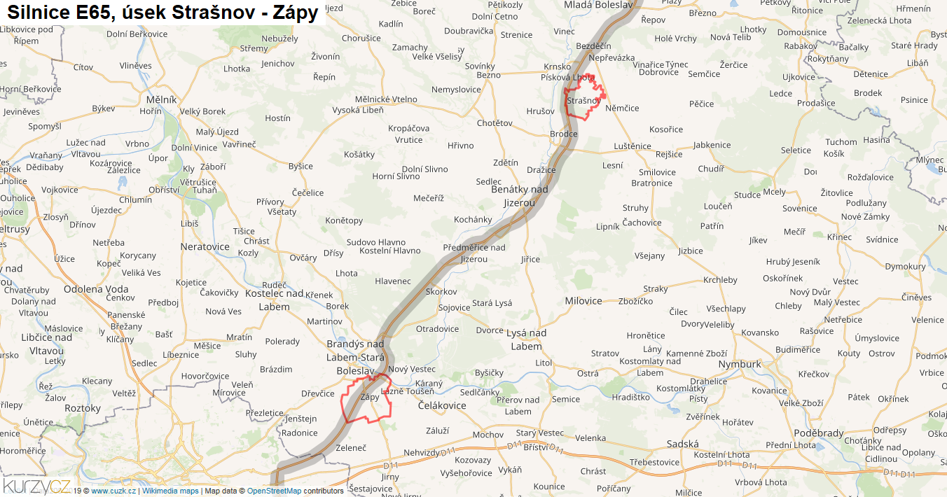 Úsek Strašnov - Zápy, Silnice E65 - Mapa