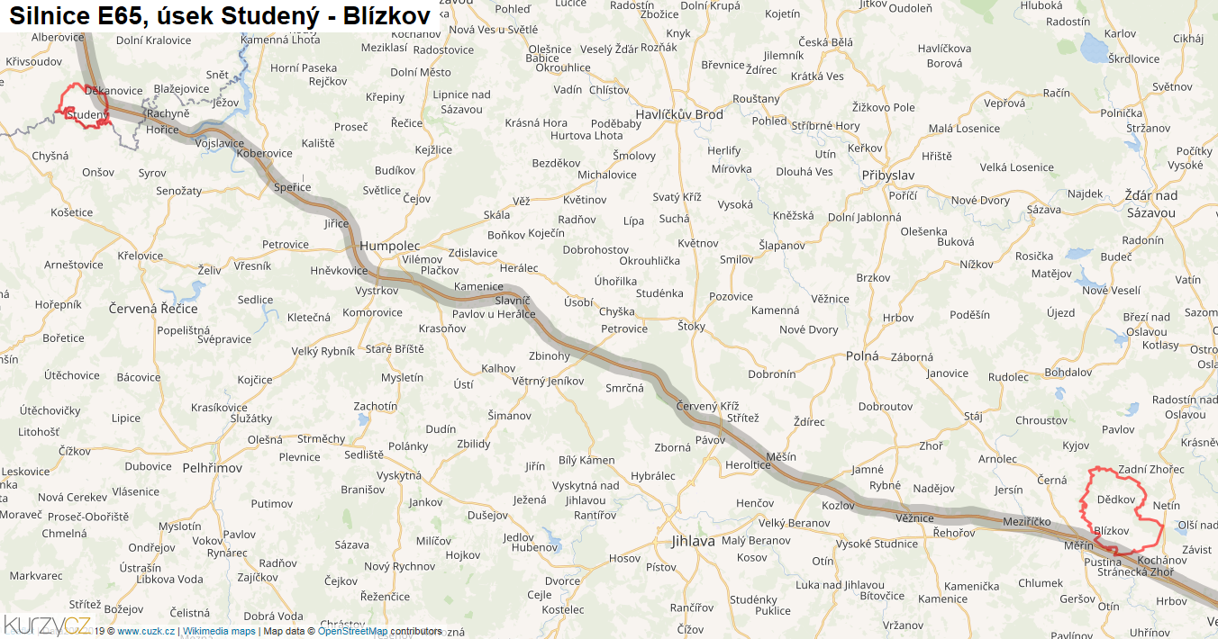 Úsek Studený - Blízkov, Silnice E65 - Mapa