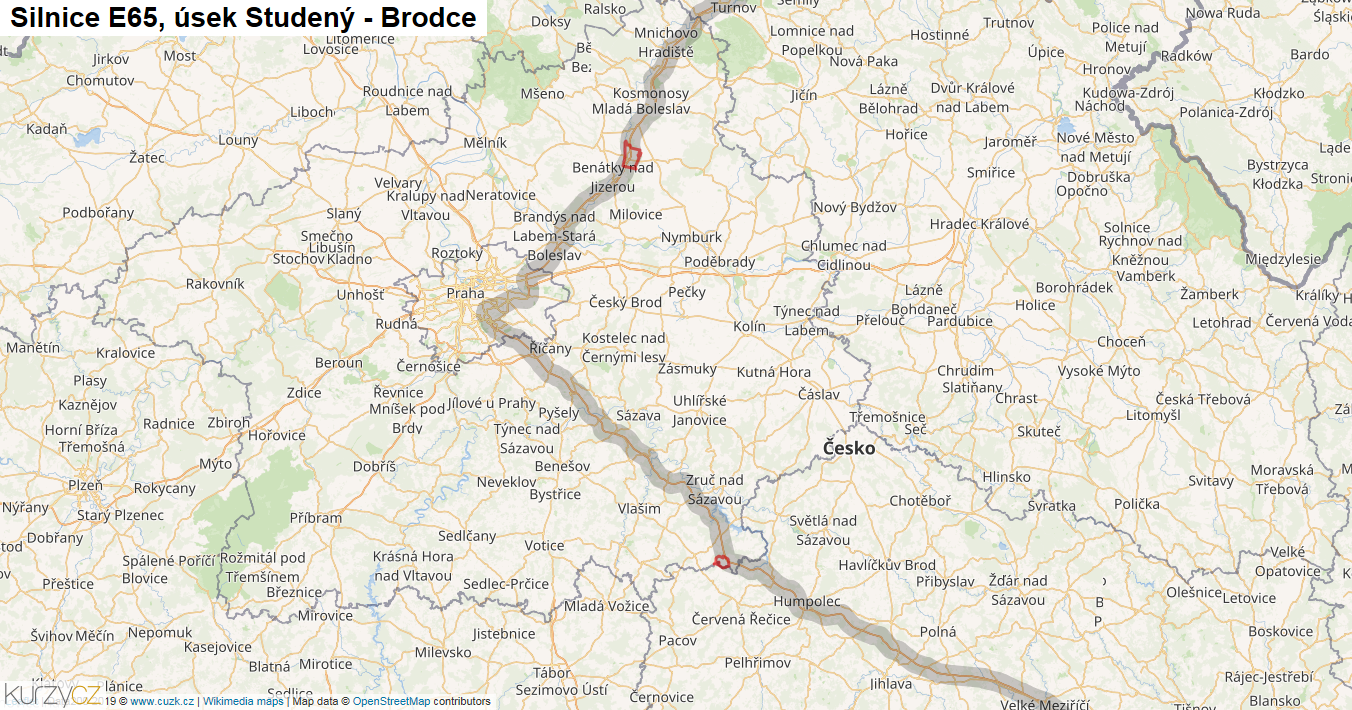 Úsek Studený - Brodce, Silnice E65 - Mapa