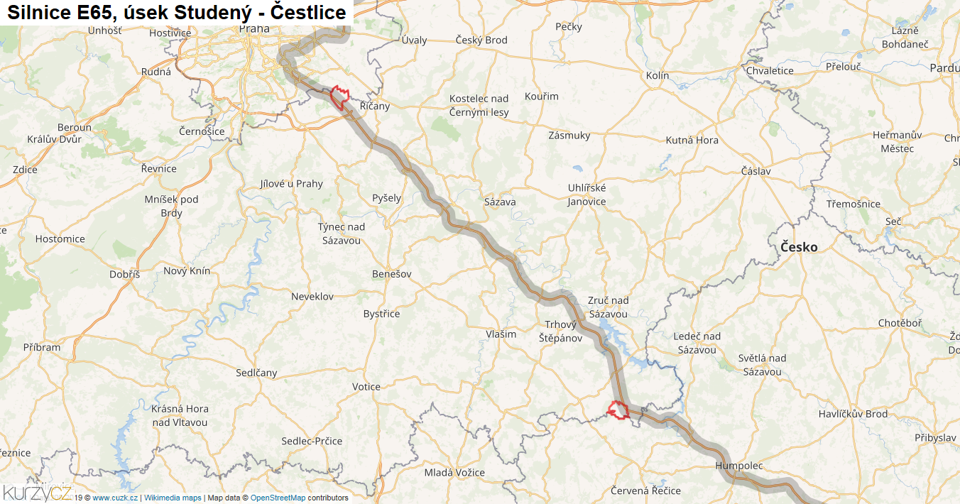 Úsek Studený - Čestlice, Silnice E65 - Mapa