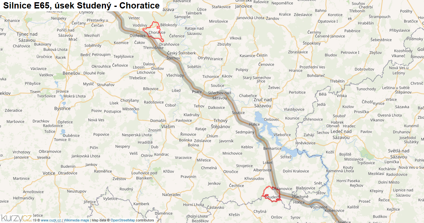 Úsek Studený - Choratice, Silnice E65 - Mapa
