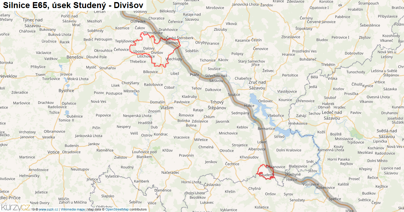 Úsek Studený - Divišov, Silnice E65 - Mapa