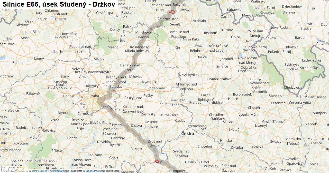 Úsek Studený - Držkov, Silnice E65 - Mapa