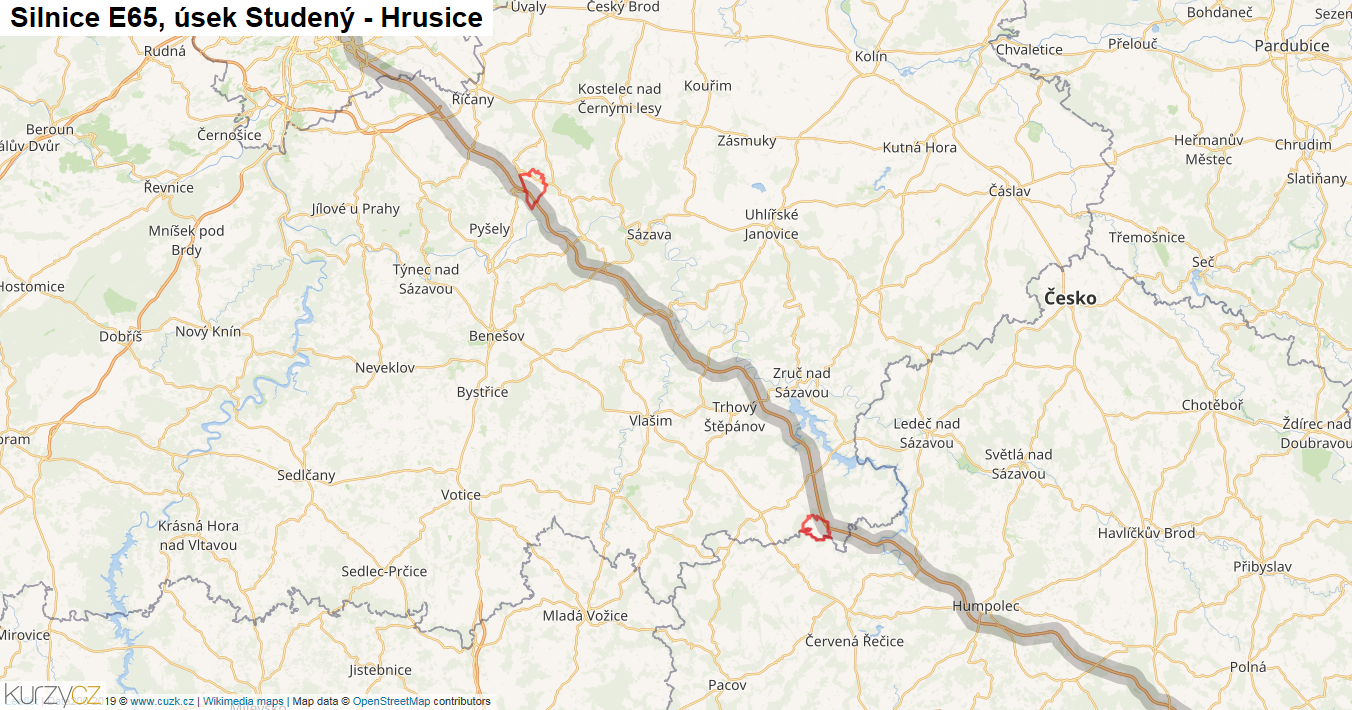 Úsek Studený - Hrusice, Silnice E65 - Mapa