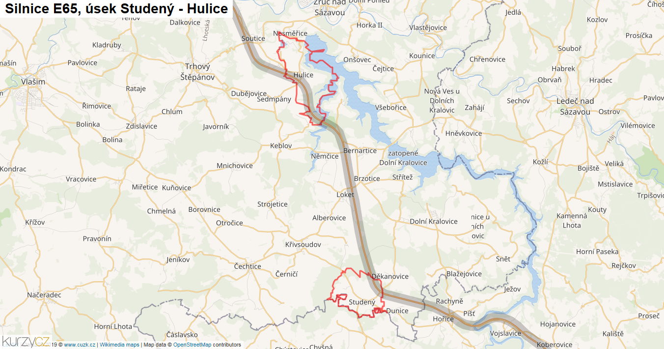 Úsek Studený - Hulice, Silnice E65 - Mapa