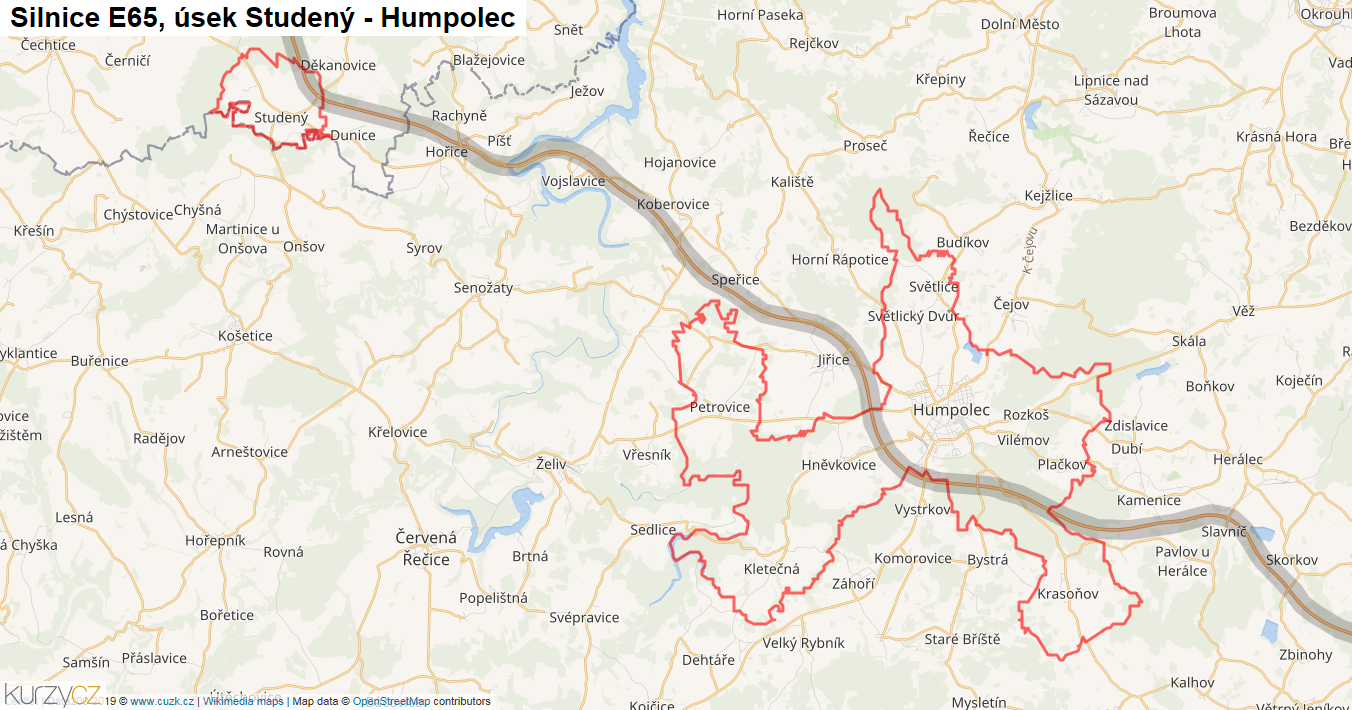 Úsek Studený - Humpolec, Silnice E65 - Mapa
