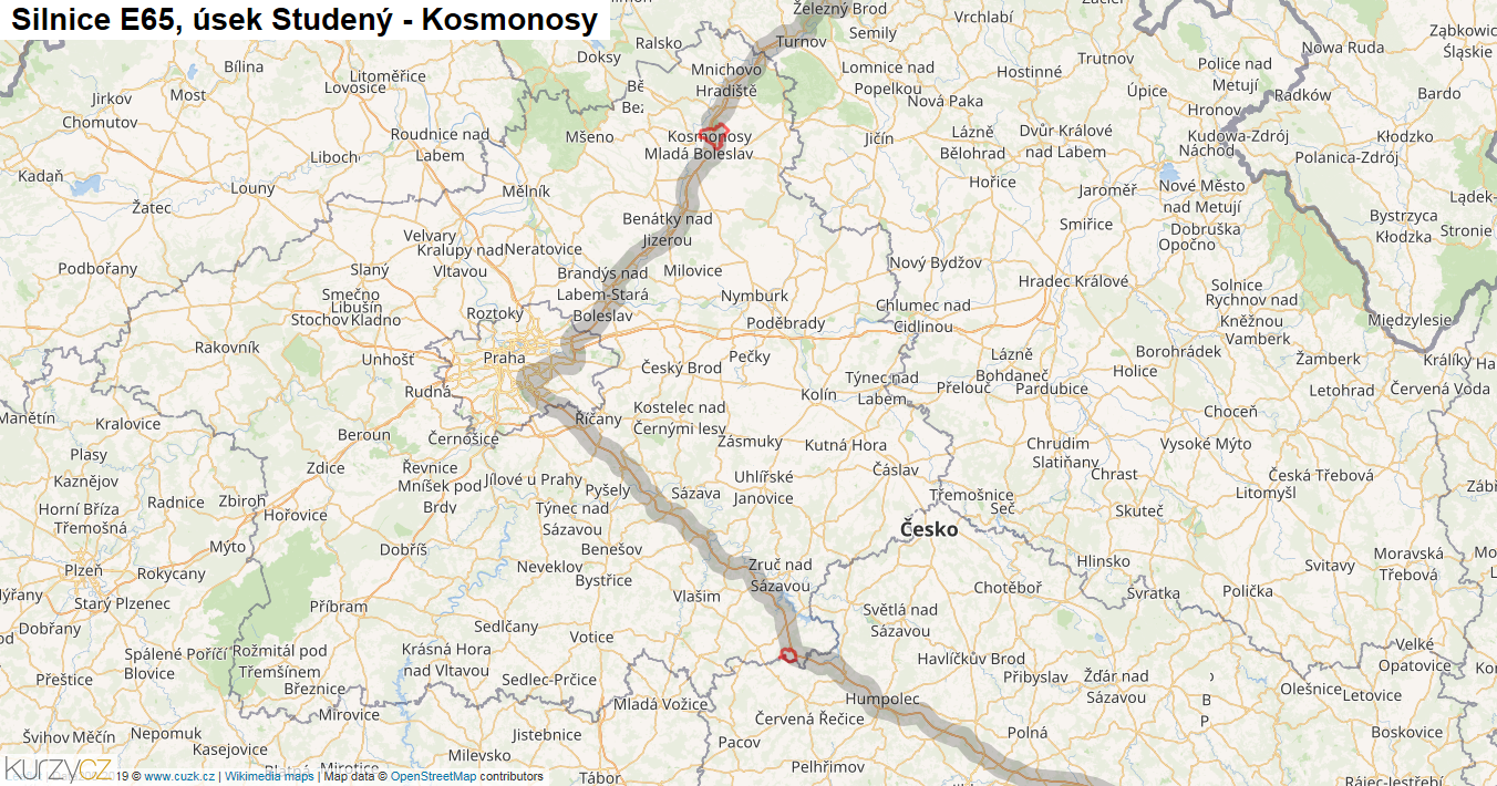 Úsek Studený - Kosmonosy, Silnice E65 - Mapa
