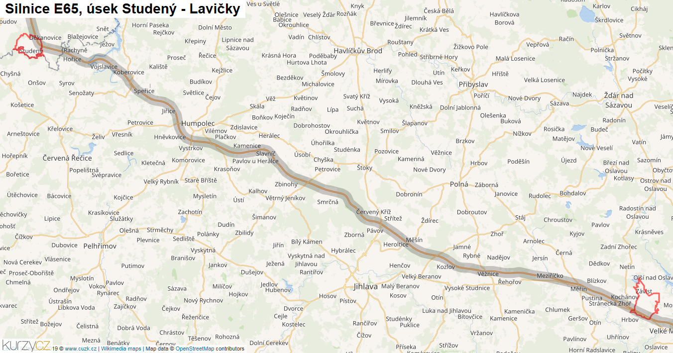 Úsek Studený - Lavičky, Silnice E65 - Mapa