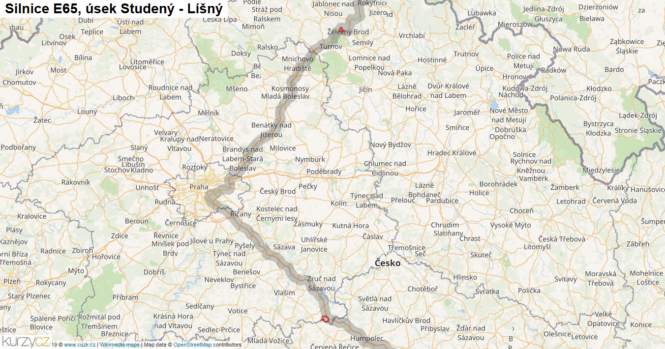Úsek Studený - Líšný, Silnice E65 - Mapa