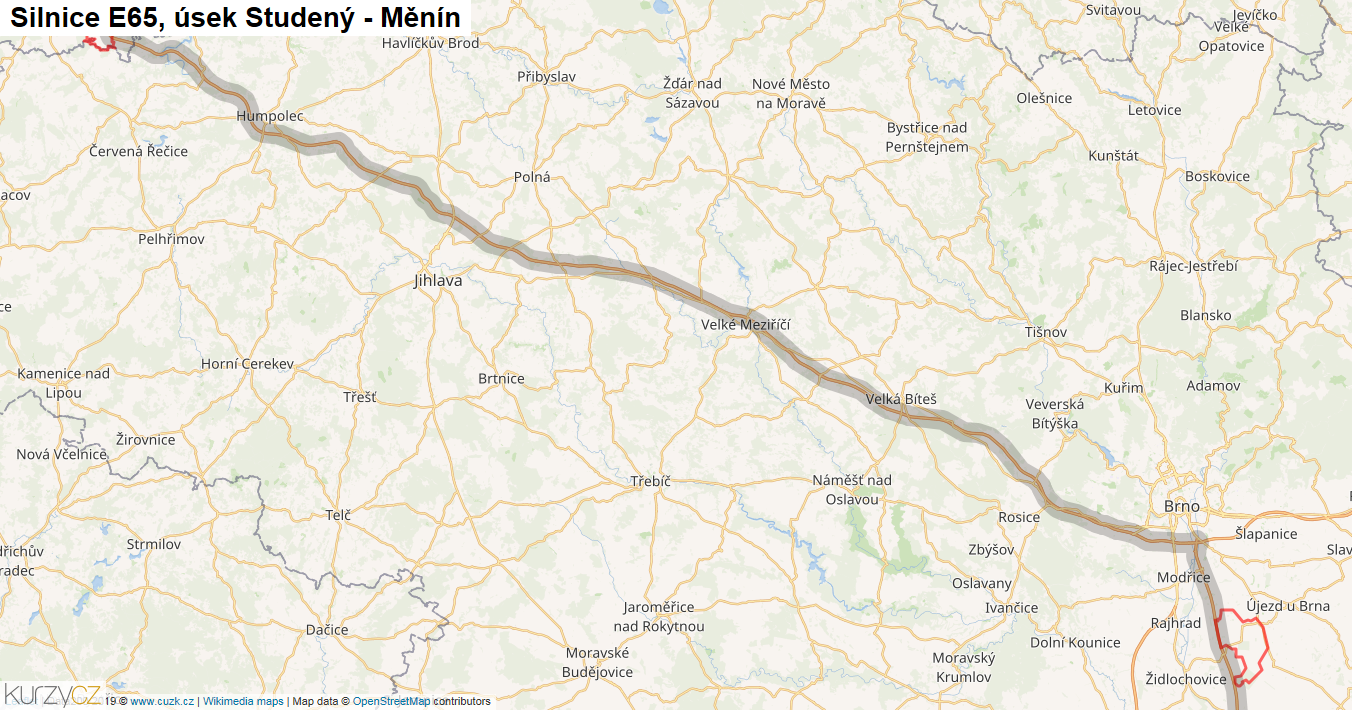 Úsek Studený - Měnín, Silnice E65 - Mapa