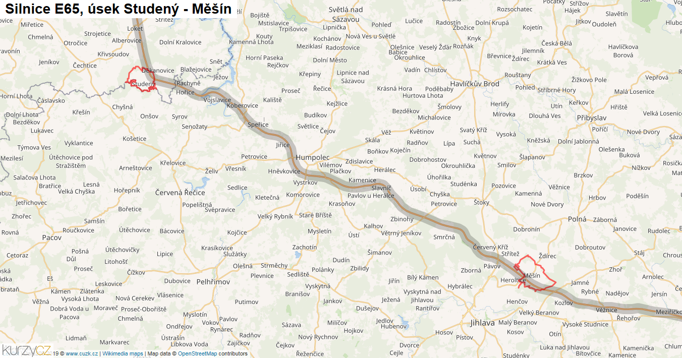 Úsek Studený - Měšín, Silnice E65 - Mapa