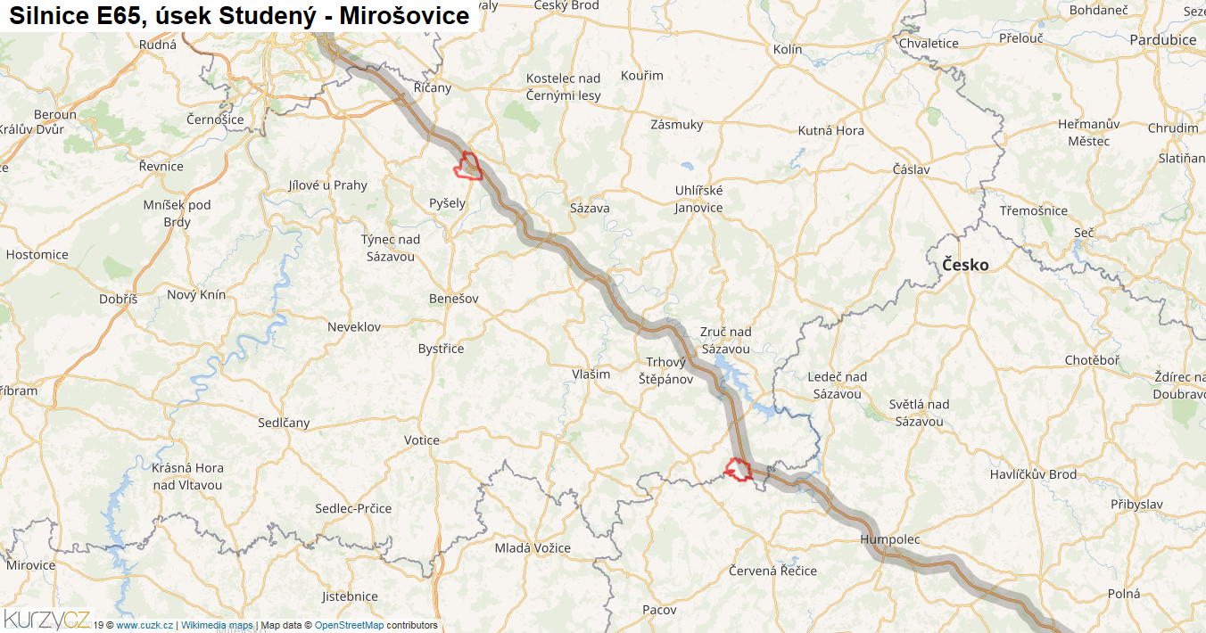Úsek Studený - Mirošovice, Silnice E65 - Mapa