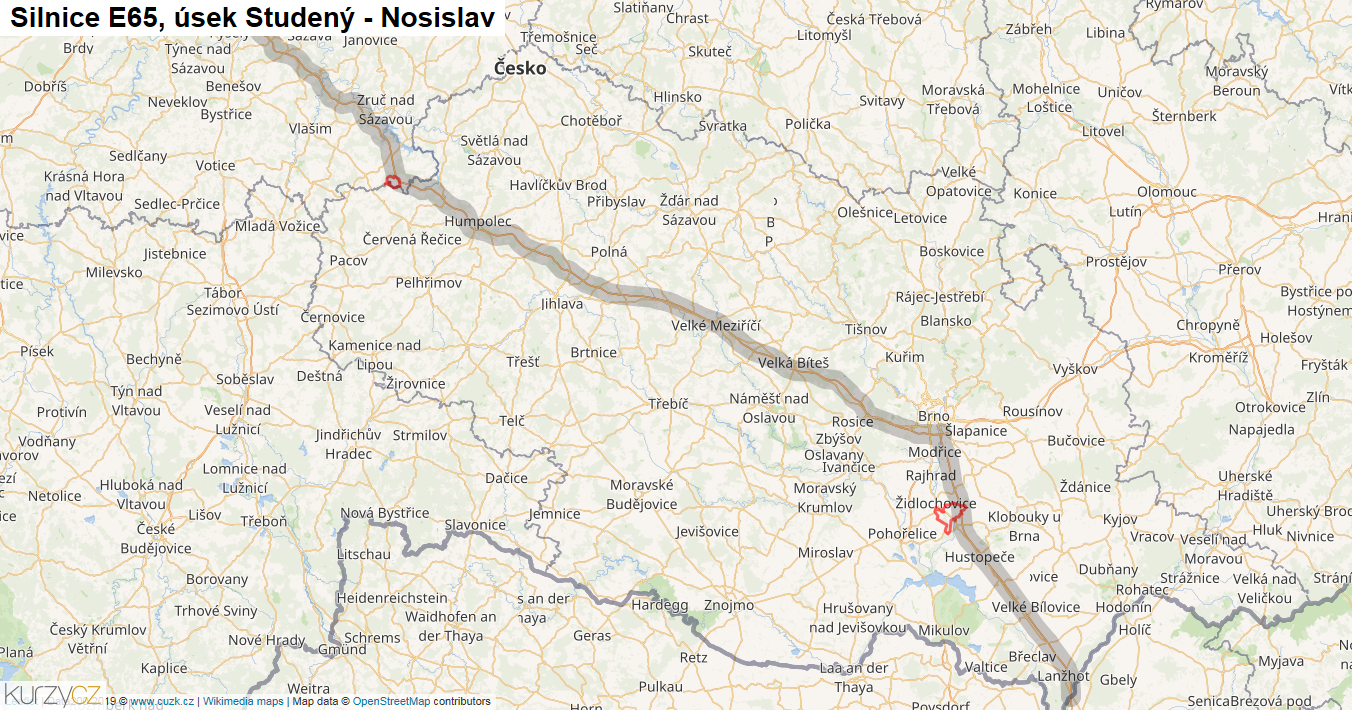 Úsek Studený - Nosislav, Silnice E65 - Mapa