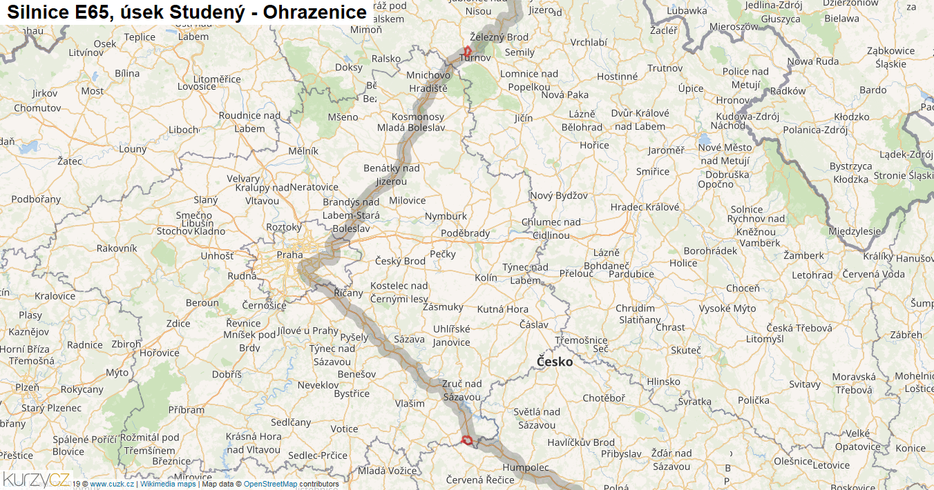 Úsek Studený - Ohrazenice, Silnice E65 - Mapa