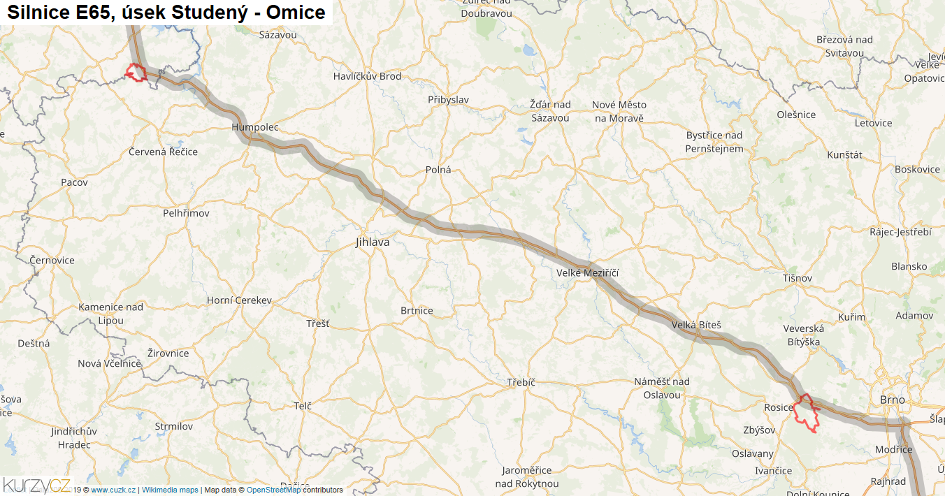 Úsek Studený - Omice, Silnice E65 - Mapa