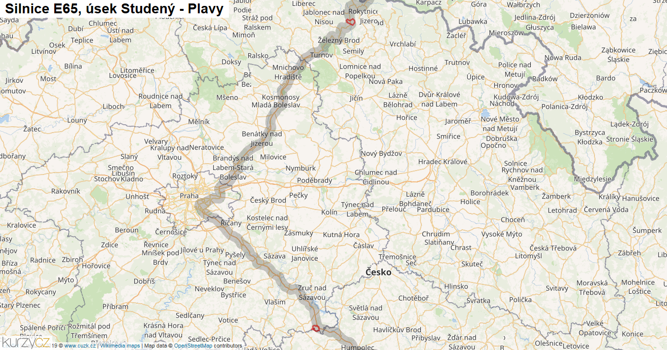 Úsek Studený - Plavy, Silnice E65 - Mapa
