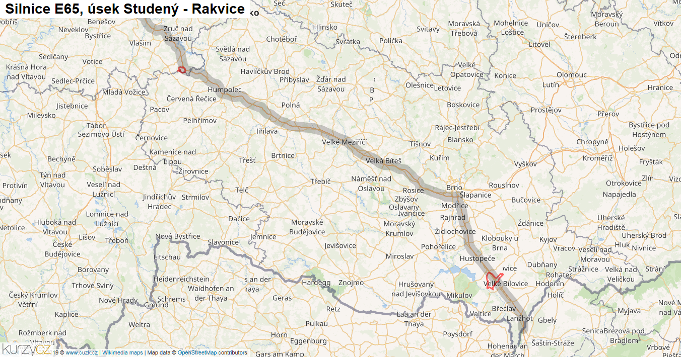 Úsek Studený - Rakvice, Silnice E65 - Mapa