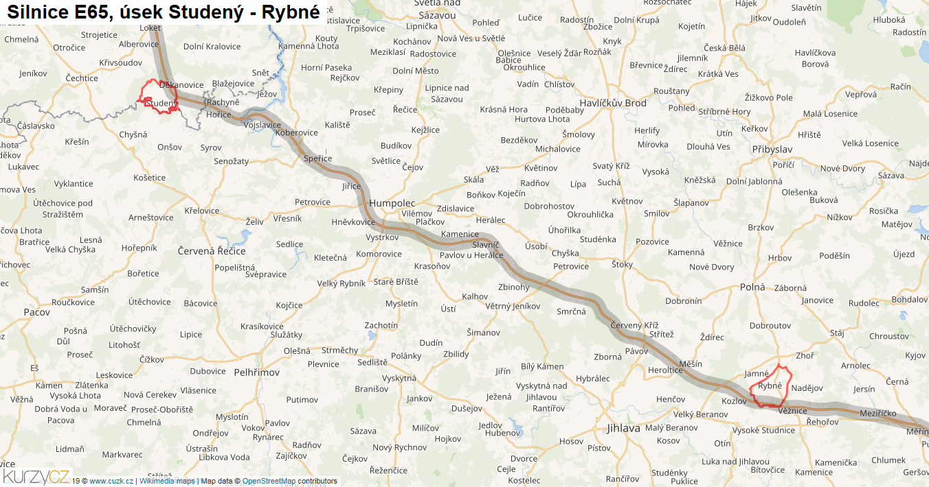 Úsek Studený - Rybné, Silnice E65 - Mapa