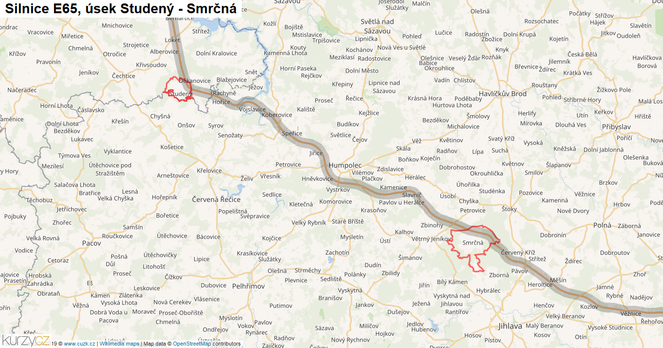 Úsek Studený - Smrčná, Silnice E65 - Mapa
