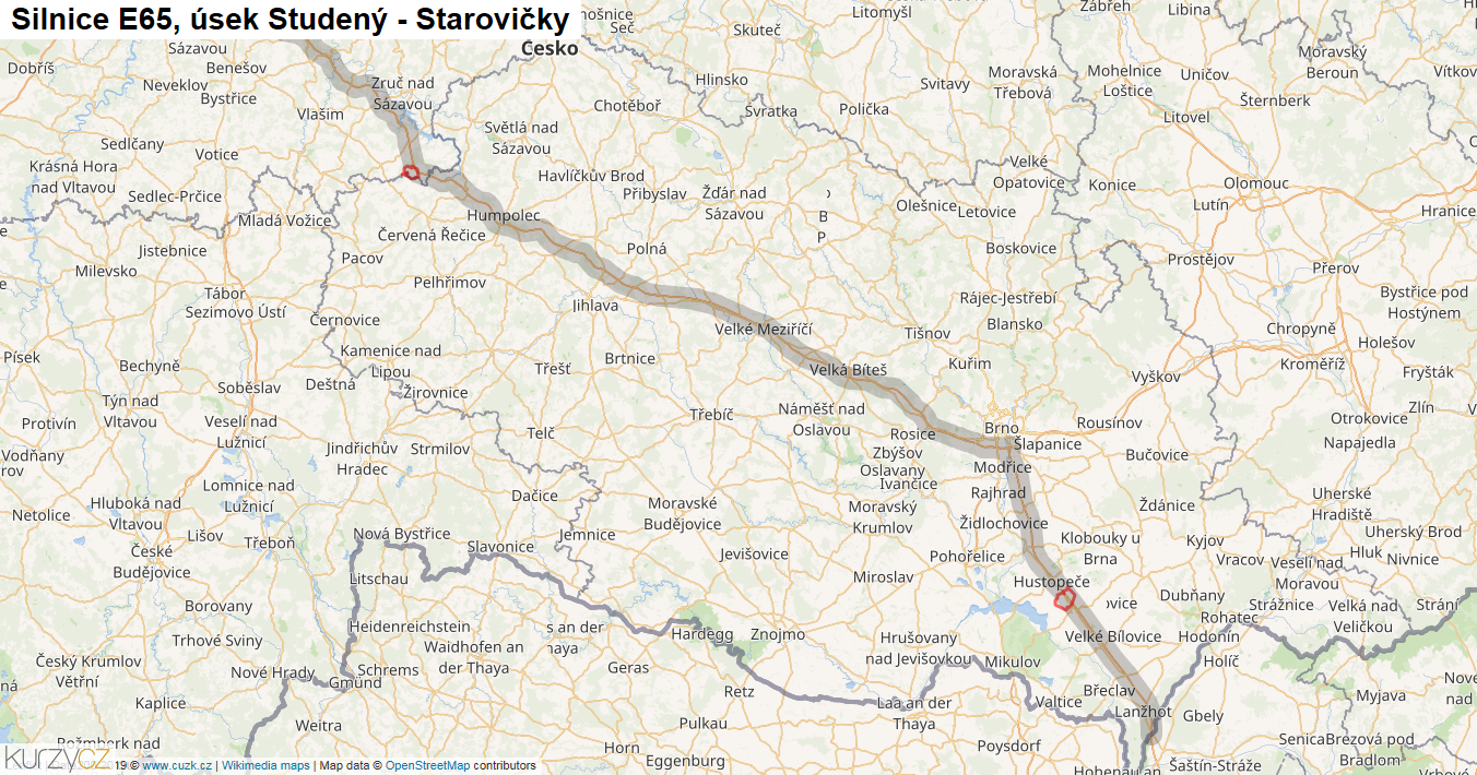 Úsek Studený - Starovičky, Silnice E65 - Mapa
