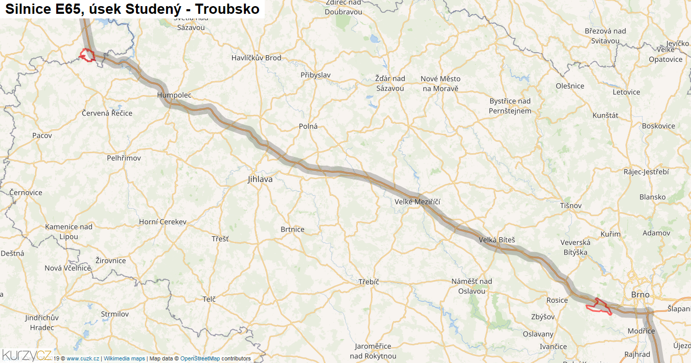 Úsek Studený - Troubsko, Silnice E65 - Mapa