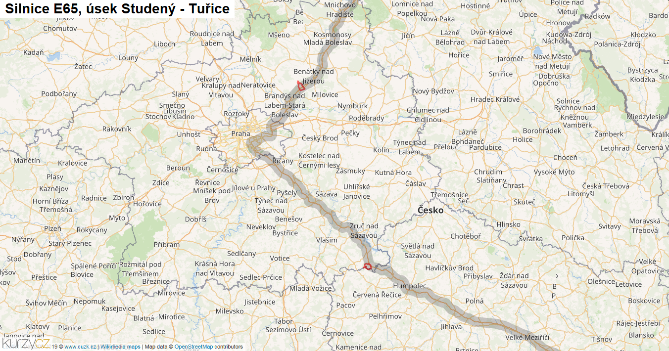 Úsek Studený - Tuřice, Silnice E65 - Mapa