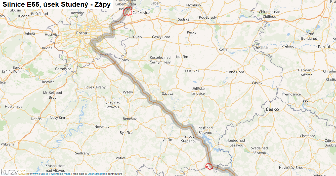 Úsek Studený - Zápy, Silnice E65 - Mapa
