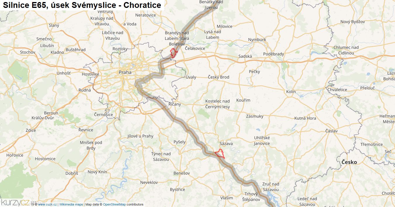 Úsek Svémyslice - Choratice, Silnice E65 - Mapa