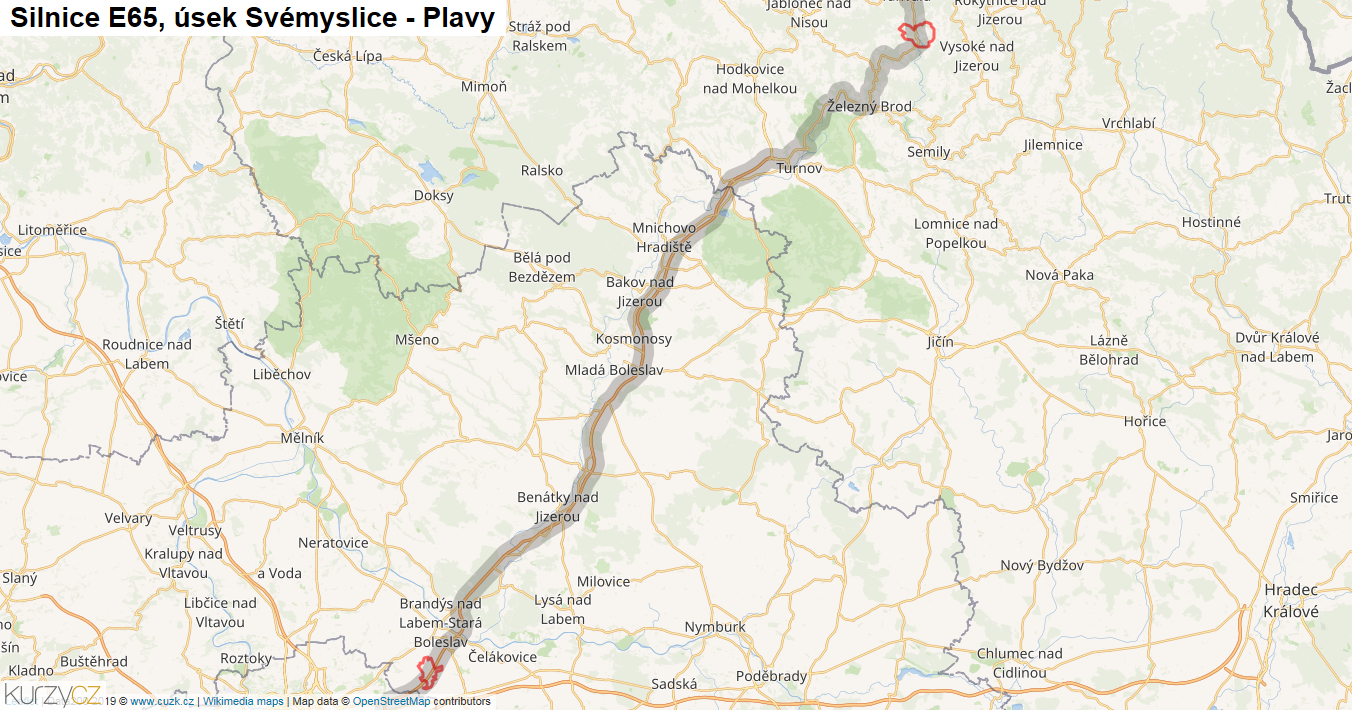 Úsek Svémyslice - Plavy, Silnice E65 - Mapa