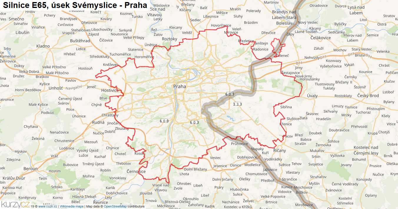 Úsek Svémyslice - Praha, Silnice E65 - Mapa