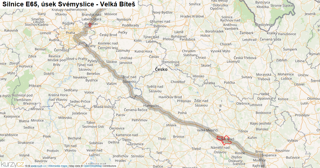 Úsek Svémyslice - Velká Bíteš, Silnice E65 - Mapa