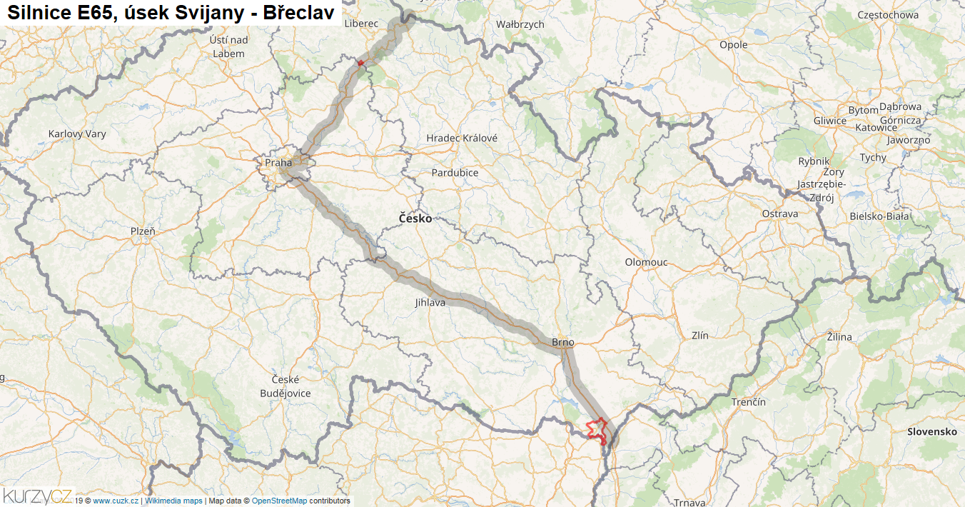 Úsek Svijany - Břeclav, Silnice E65 - Mapa