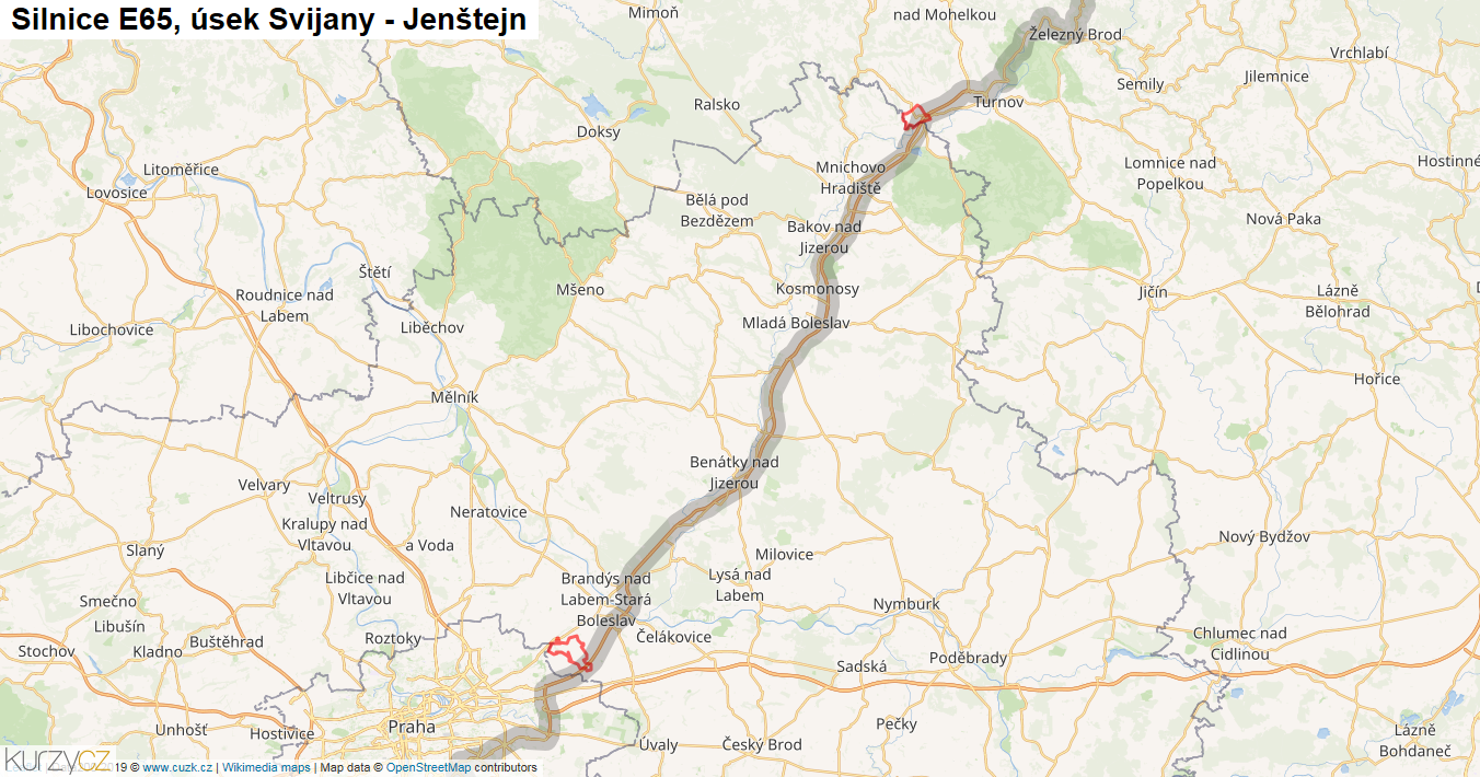 Úsek Svijany - Jenštejn, Silnice E65 - Mapa
