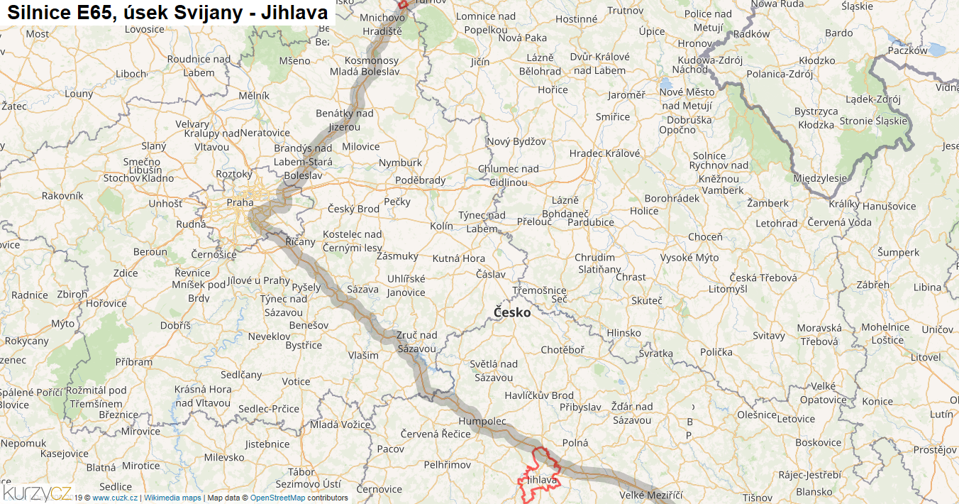 Úsek Svijany - Jihlava, Silnice E65 - Mapa