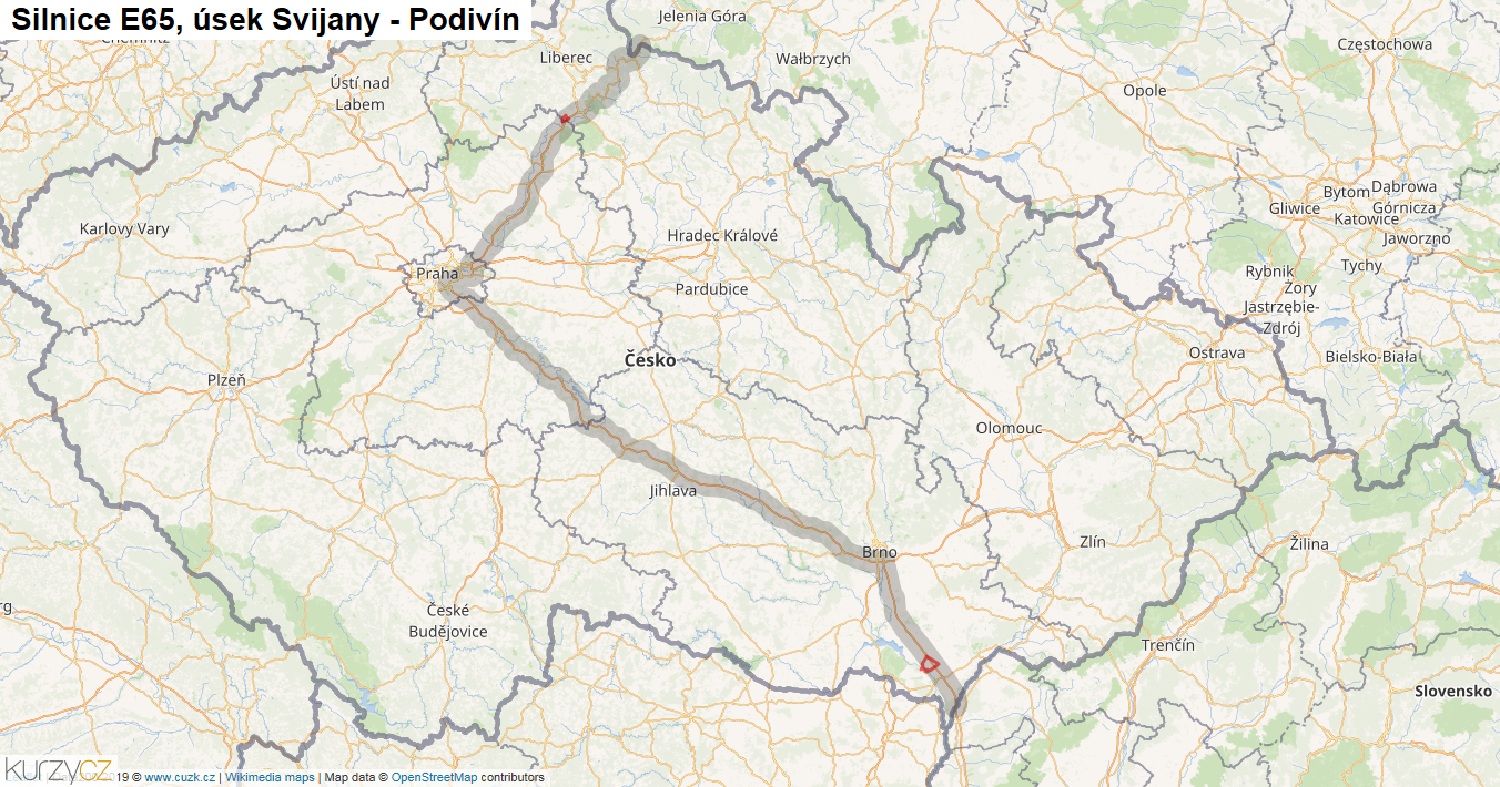 Úsek Svijany - Podivín, Silnice E65 - Mapa