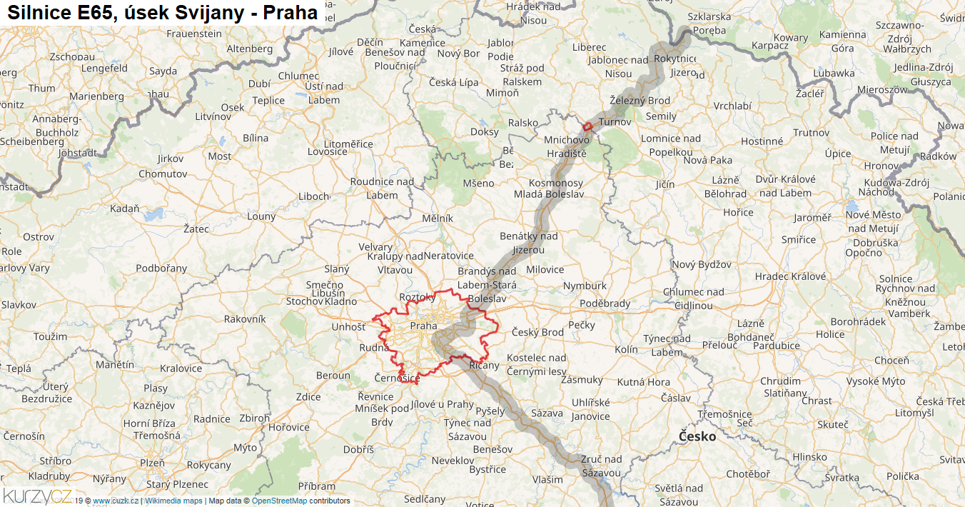 Úsek Svijany - Praha, Silnice E65 - Mapa