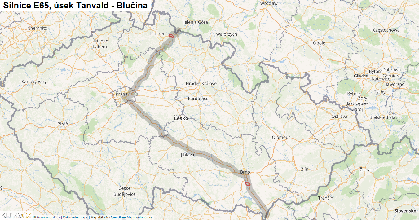 Úsek Tanvald - Blučina, Silnice E65 - Mapa