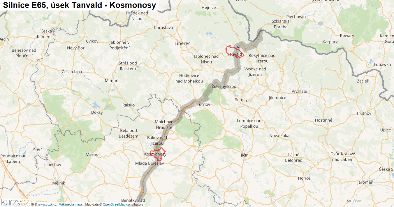 Úsek Tanvald - Kosmonosy, Silnice E65 - Mapa